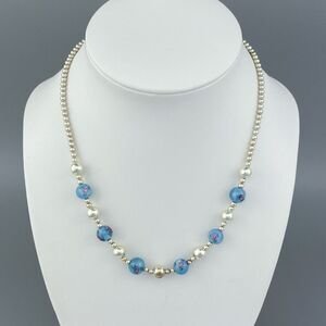 Vintage Jordan Sterling Silver 925 Blue Floral Glass Beaded Necklace 16"-18"
